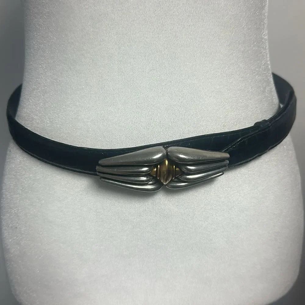 CARLISLE Vintage Leather Black Croc Embossed Belt Silver and Gold Buckle Sz M
